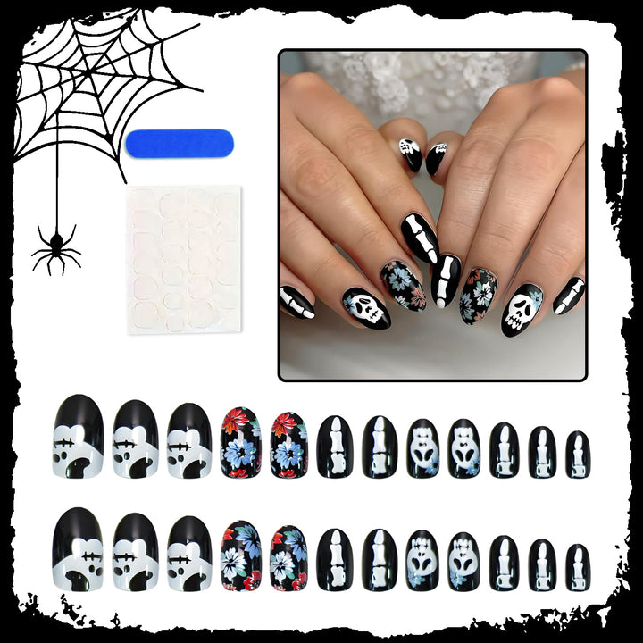 Artificial nail set with spooky Halloween motifs and floral decorations Kalsten