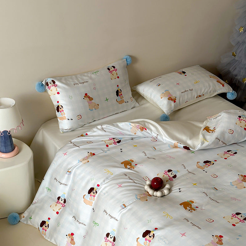 Children's bedding set with cute bunny print, pom-pom corners, and soft cotton satin