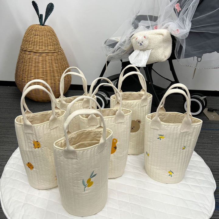 Quilted Cotton Canvas Tote Bag with Embroidered Lemon Motif and Short Webbing Handles