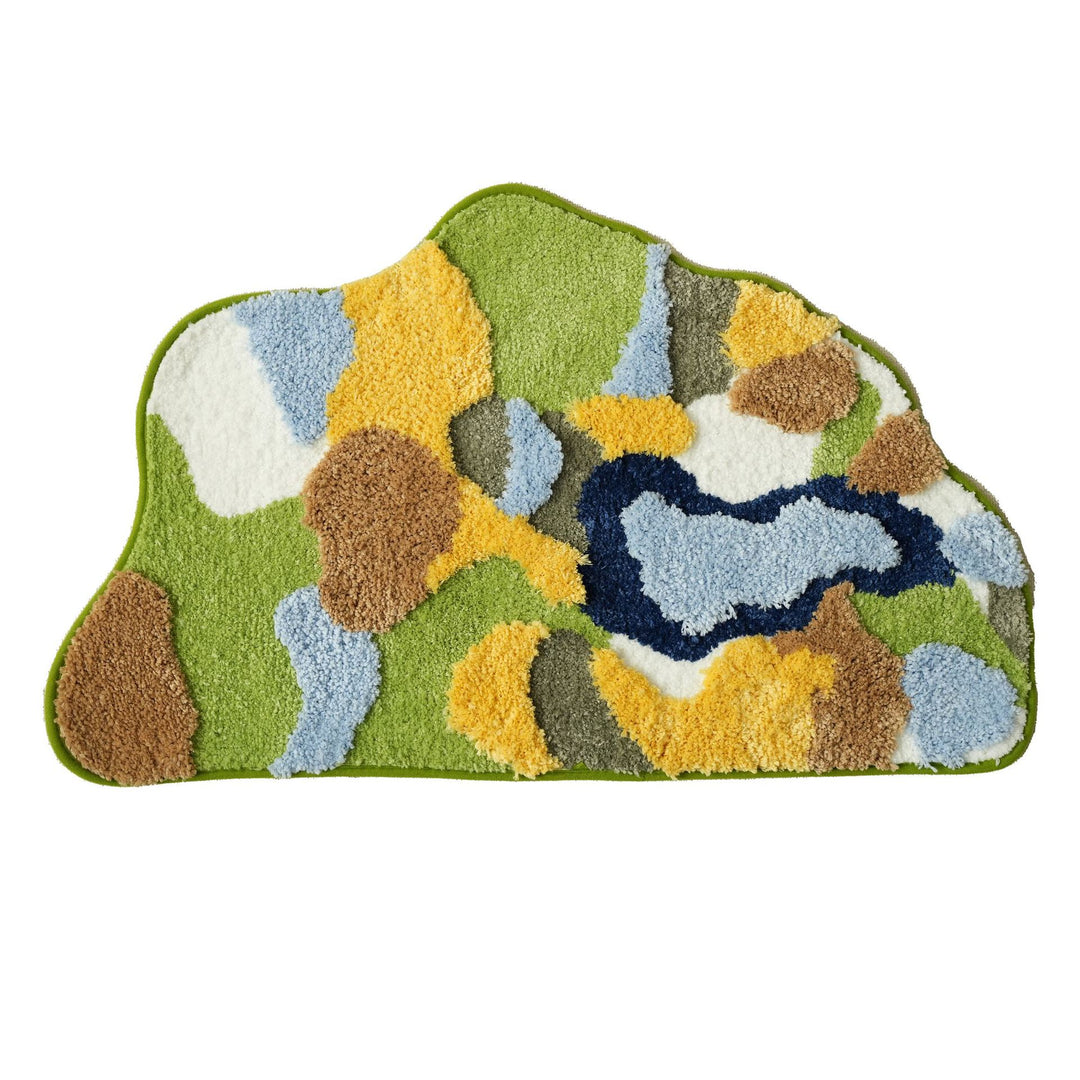 High-pile bath mat with non-slip backing and abstract structural pattern