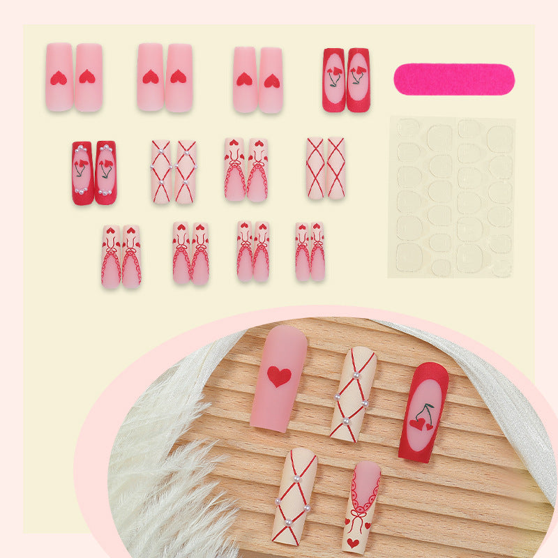 Art nail set with romantic heart and cherry motifs Kalsten