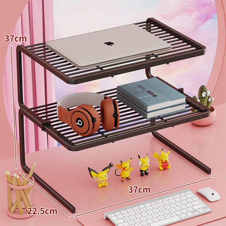 Tiered Adjustable Metal Laptop and Monitor Riser with Ventilated Slatted Shelves and Under-Storage Organizer
