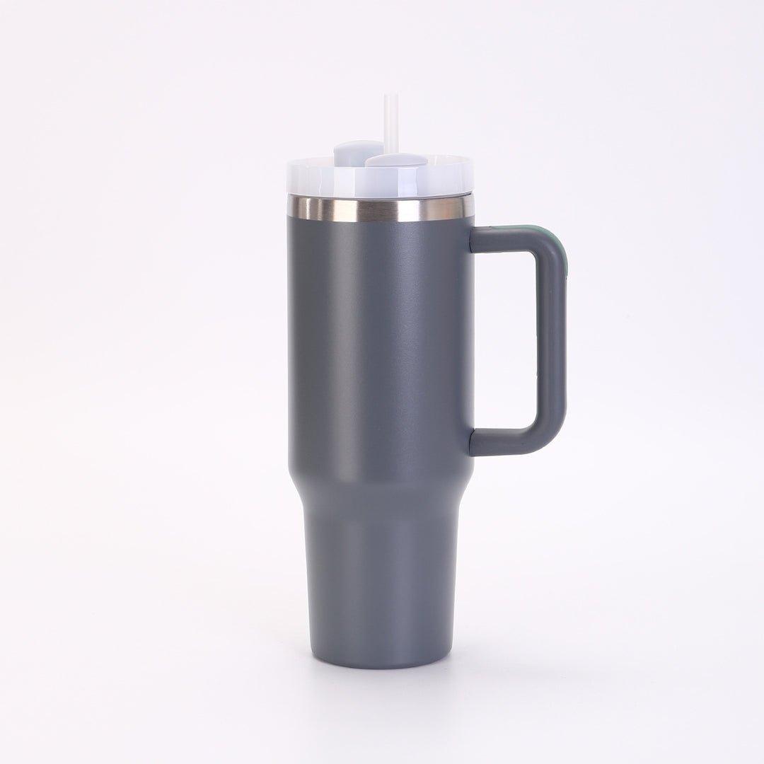 Insulated Stainless Steel Tall Travel Mug With Ergonomic Side Handle And Leak-Resistant Straw Lid