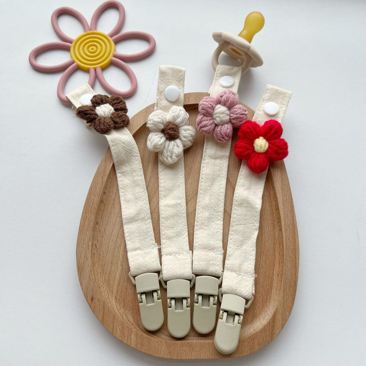 Crocheted Flower Pacifier and Teether Clip with Organic Cotton Strap