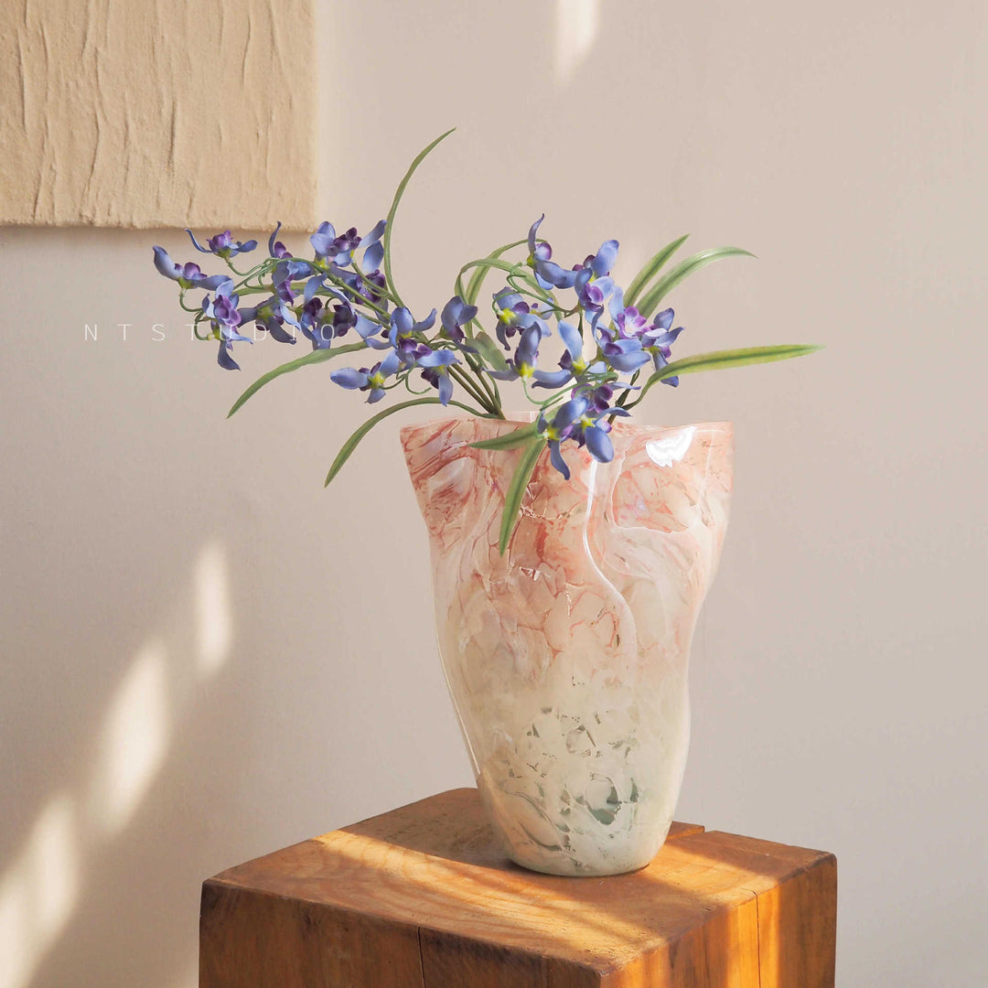 Handblown Marble-Effect Tall Sculptural Glass Vase with Organic Ruffled Rim Kalsten