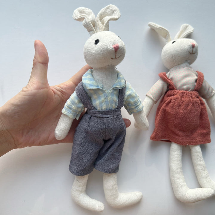 Soft Linen Bunny Doll Pair with Removable Vintage-Inspired Outfits