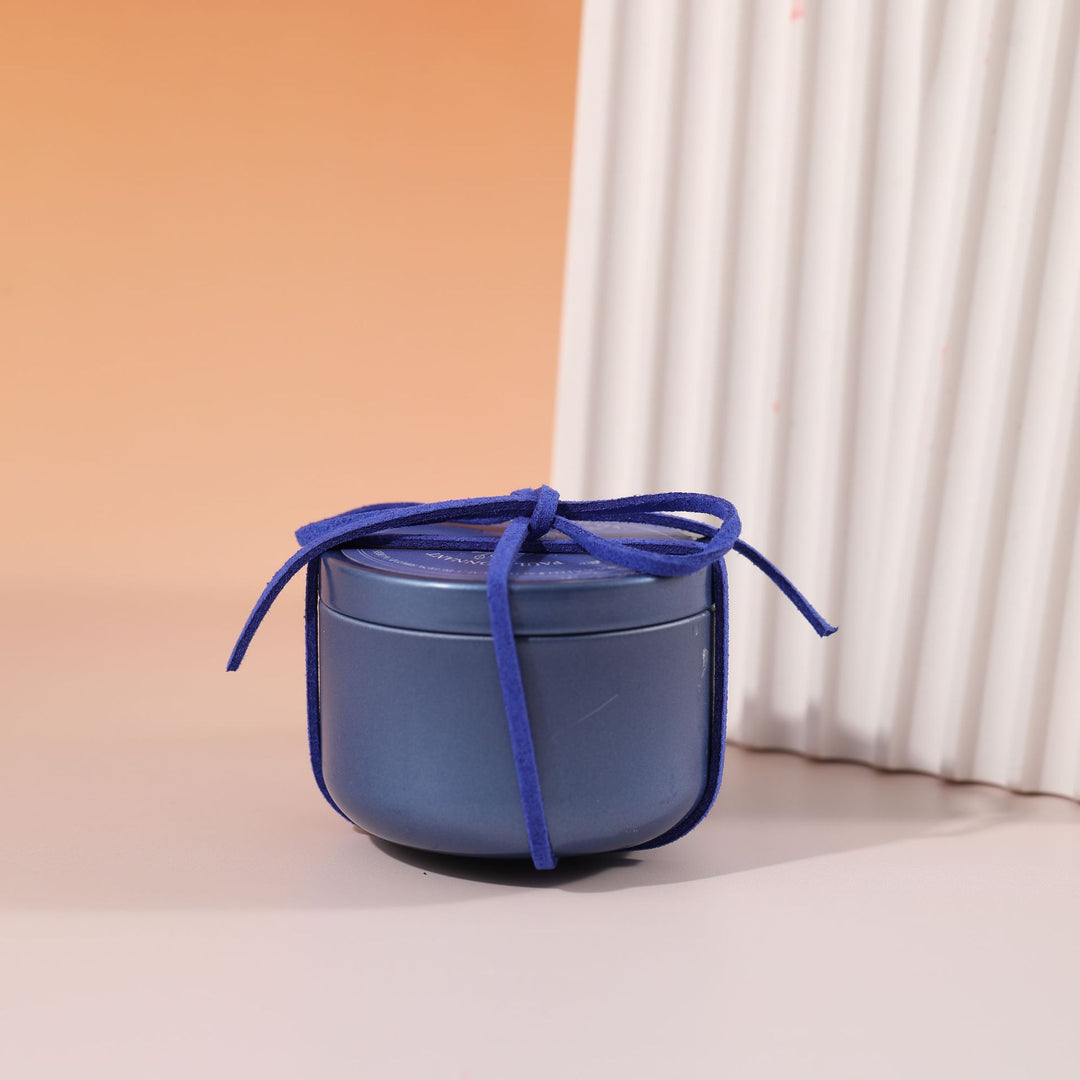 Scented Soy Candle Tin with Removable Lid and Decorative Suede Tie