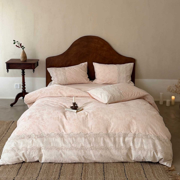 Elegant linen-cotton bedding set with delicate lace embroidery