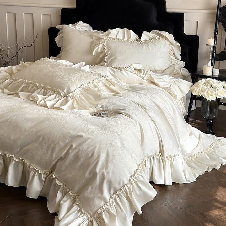 Elegant bed linen set made of satin-like jacquard with ruffle edge