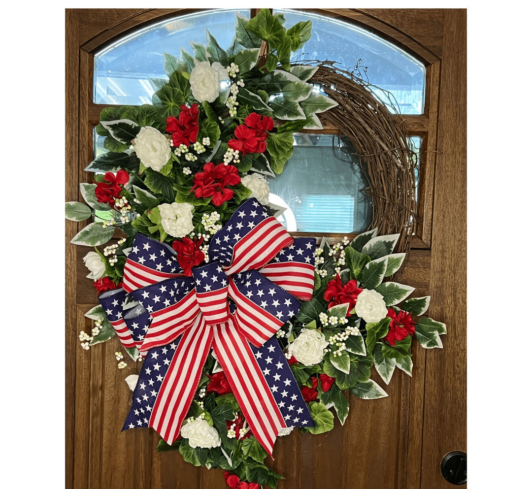 Unisex nan patriotic Americana grapevine front door wreath with oversized star-spangled bow and realistic silk floral accents Kalsten