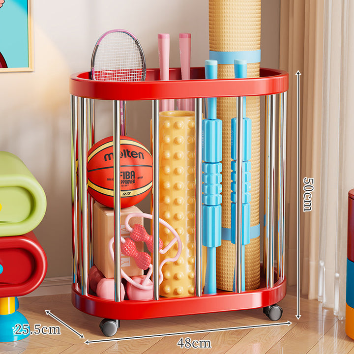 Vertical Rolling Sports Gear Storage Organizer with Cylindrical Metal Bar Frame and Casters