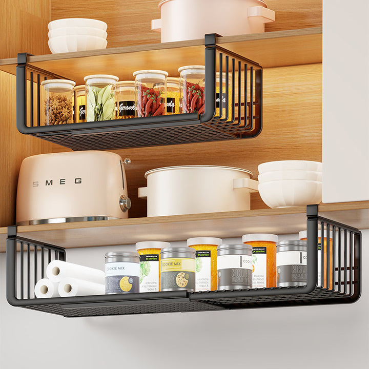 Under-Shelf Sliding Hanging Kitchen Storage Basket Organizer with Ventilated Metal Base and Rail Mount