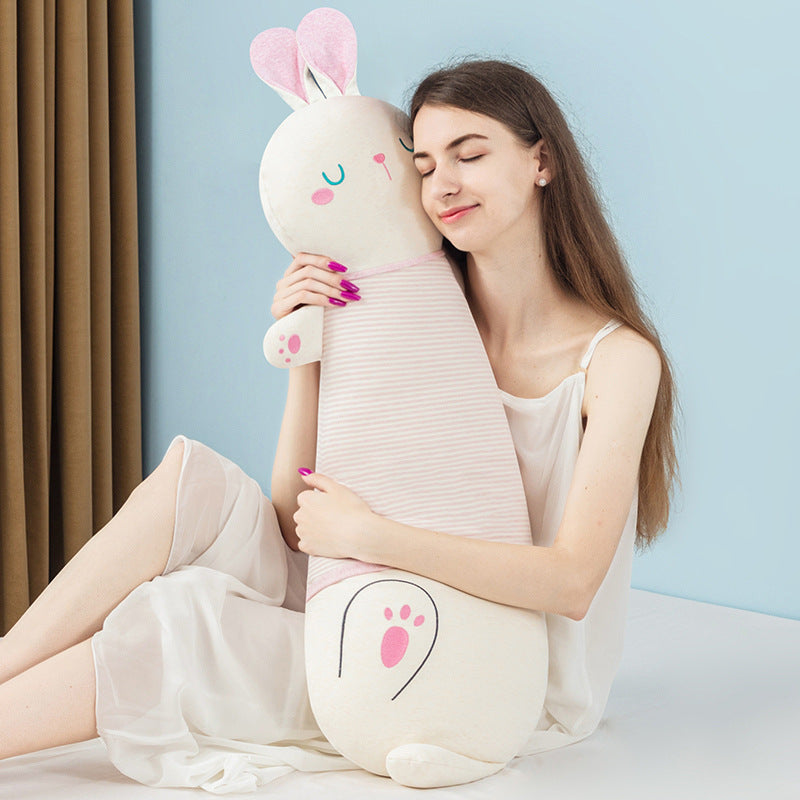 Oversized plush body pillow in bunny shape with ergonomic cuddle head