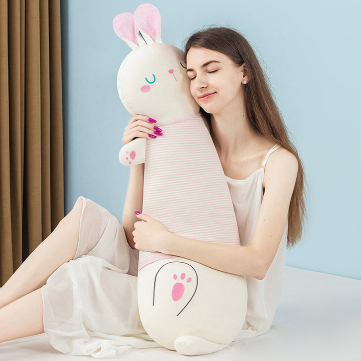Oversized plush body pillow in bunny shape with ergonomic cuddle head
