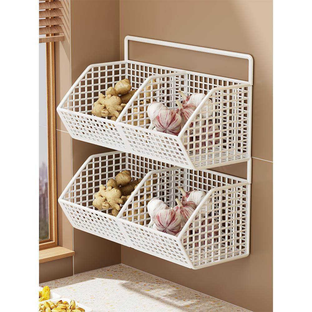Wall-Mounted Dual-Tier Ventilated Kitchen Produce Storage Basket