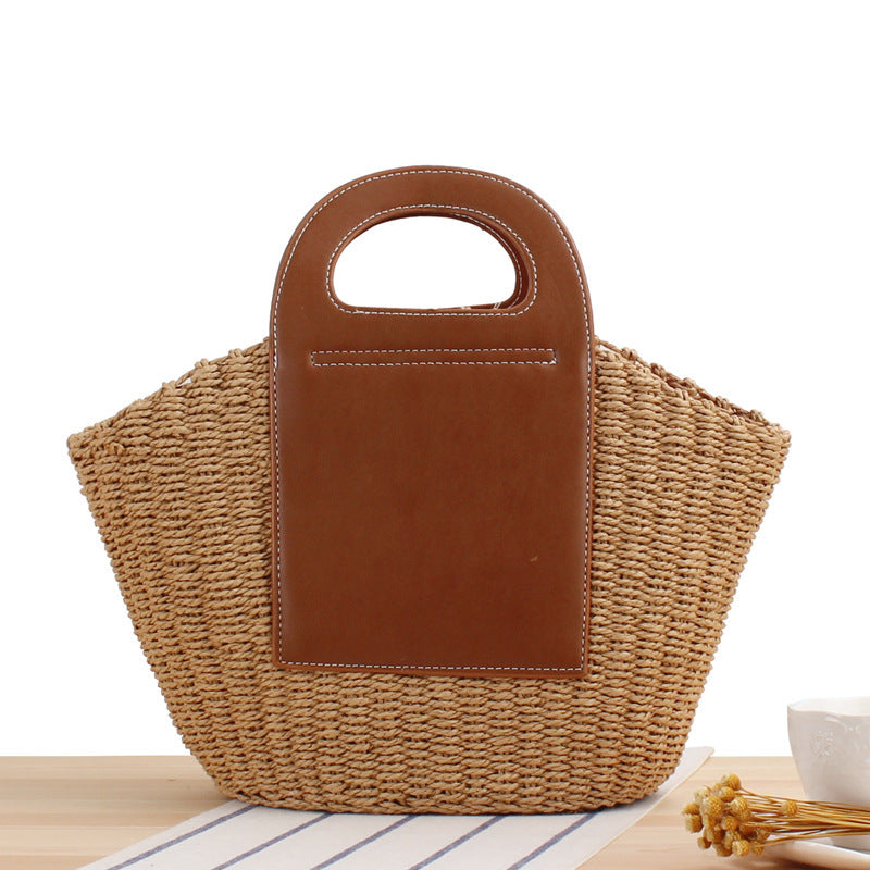 Tote bag made of braided natural material with elegant leather back Kalsten