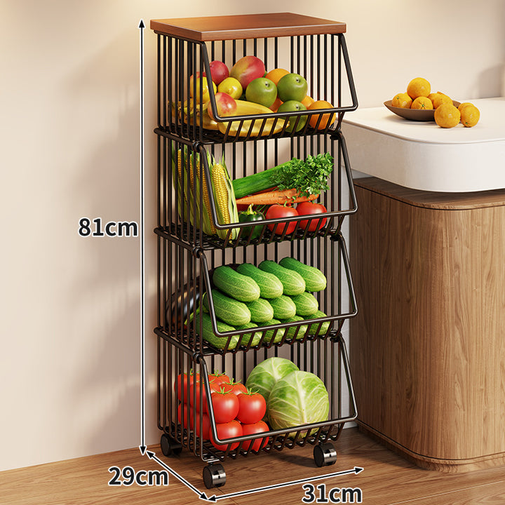 Compact Triple-Tier Rolling Wire Vegetable and Fruit Storage Cart with Wooden Top