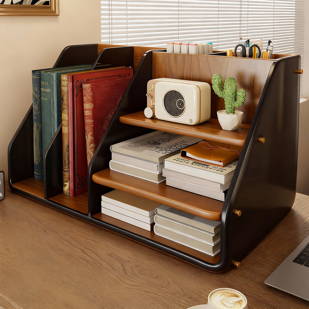 Wood-Accent Acrylic Multi-Tier Desktop Organizer with Adjustable Shelves