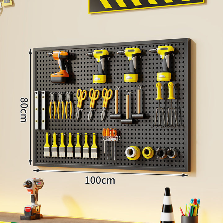 Wall-Mounted Perforated Metal Tool Pegboard Organizer with Magnetic Strip and Multi Hooks