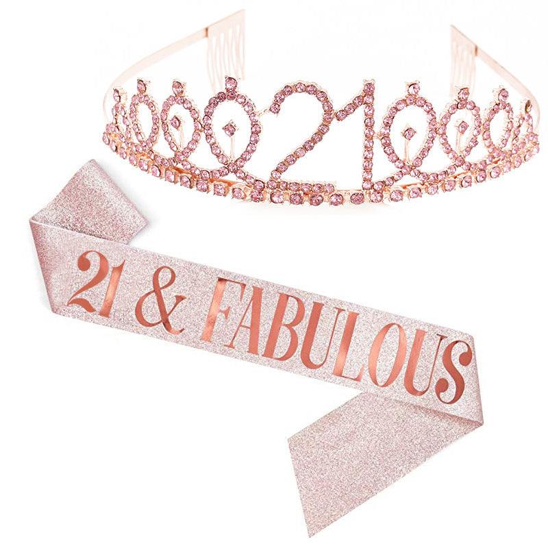 Girl Glittering Birthday Crown and Sash Set Kalsten