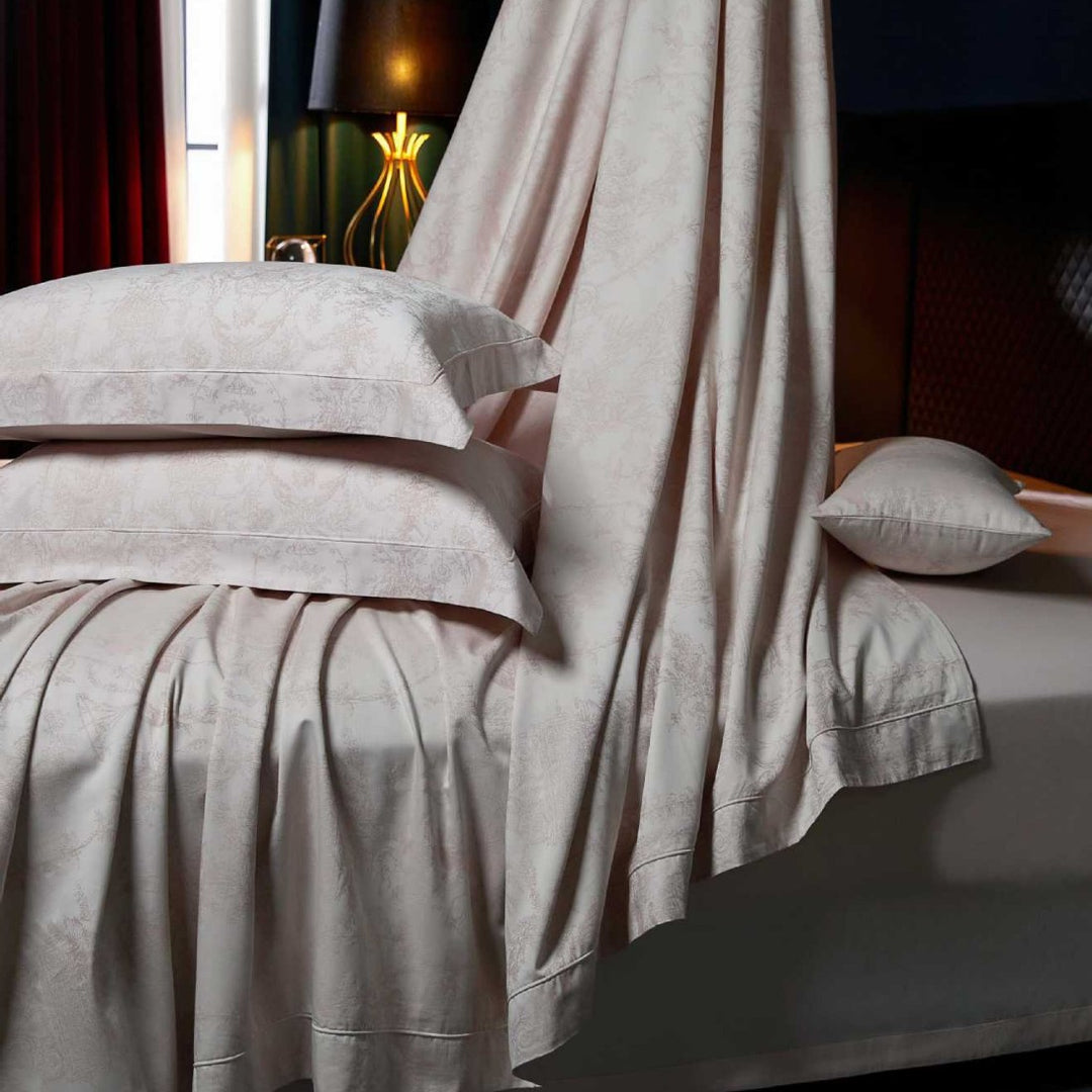 Fine woven jacquard bedding set with tone-on-tone ornamentation and flap edge