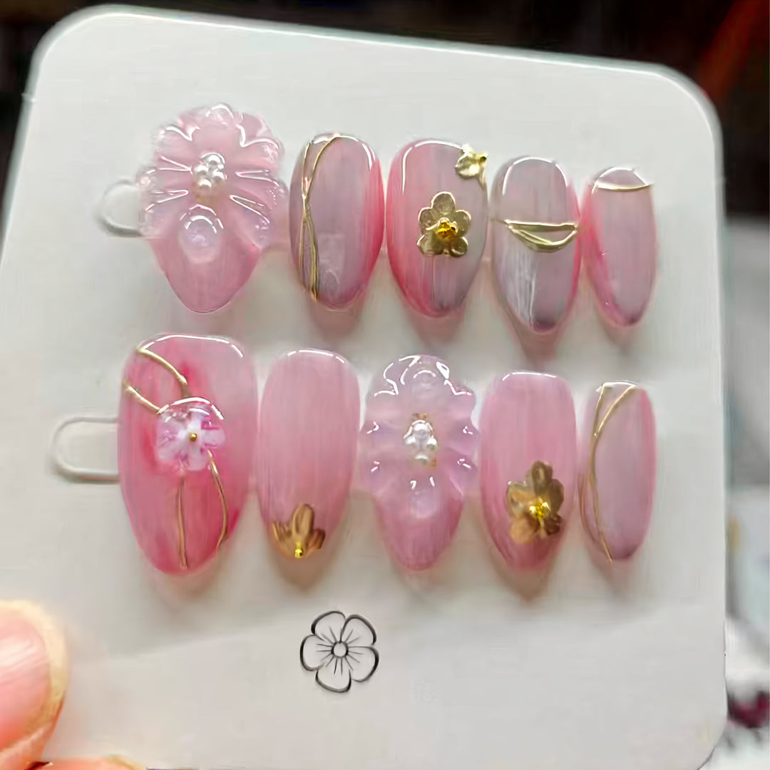 Elegant Floral Embellished Press-On Nail Art Kalsten