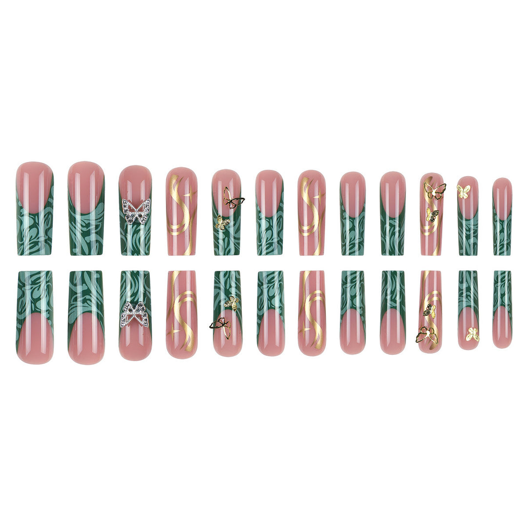 Artistic Long Press-On Nail Set with Butterfly and Gold Accents Kalsten