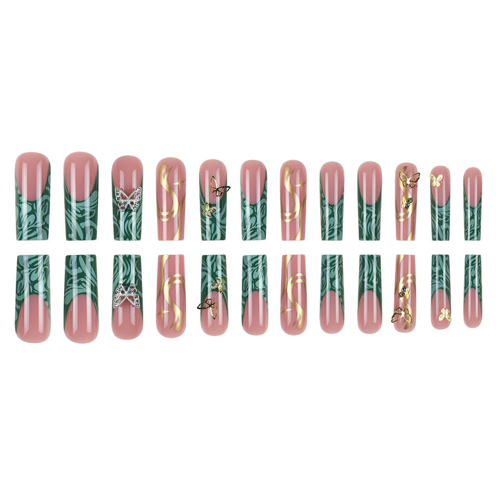 Artistic Long Press-On Nail Set with Butterfly and Gold Accents Kalsten