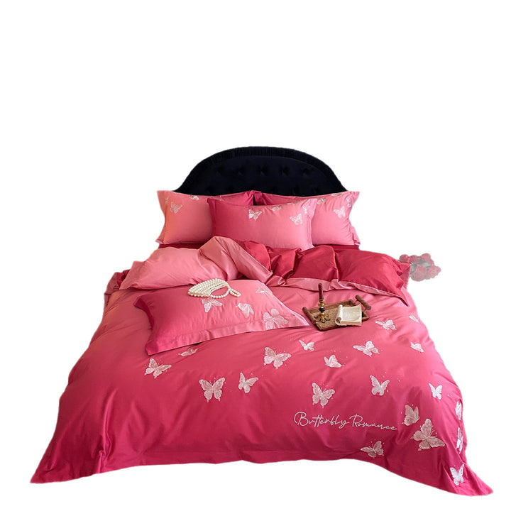 Luxury satin bedding set with embroidered butterfly appliqués Kalsten