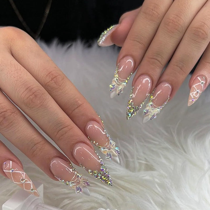 Artificial nail set with glitter and bow motif Kalsten