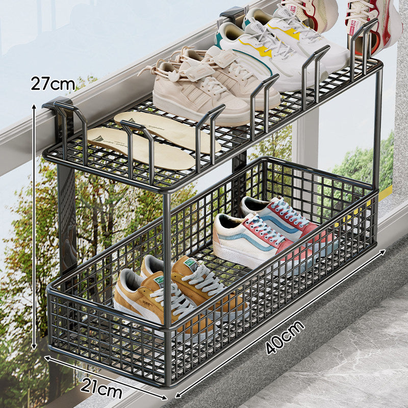 Over-Rail Balcony Shoe Drying and Storage Basket with Divided Mesh Compartments