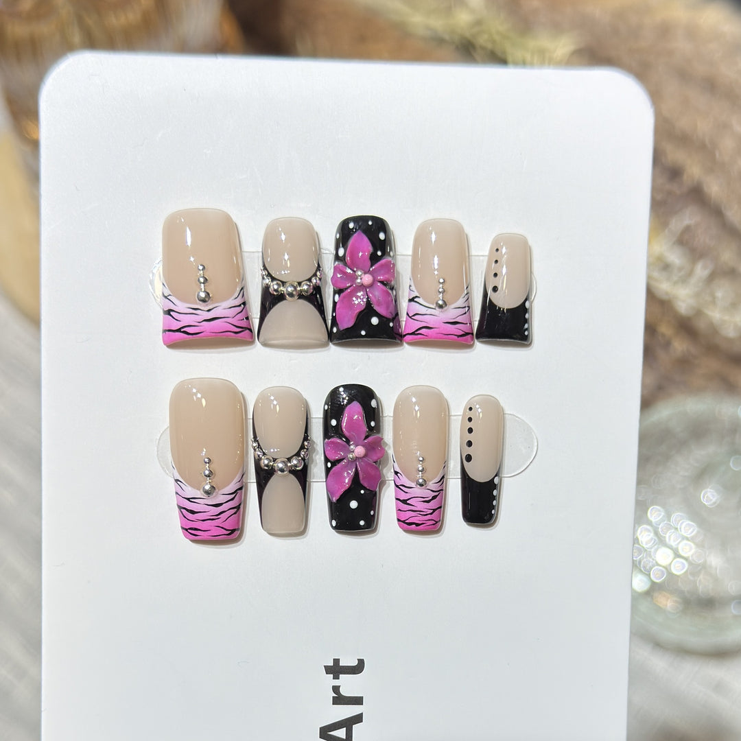 Decorative Press-On Nail Set with Floral and Striped Design Kalsten