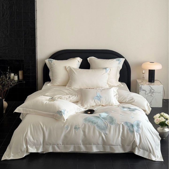 Elegant satin bed linen set with tonal butterfly embroidery