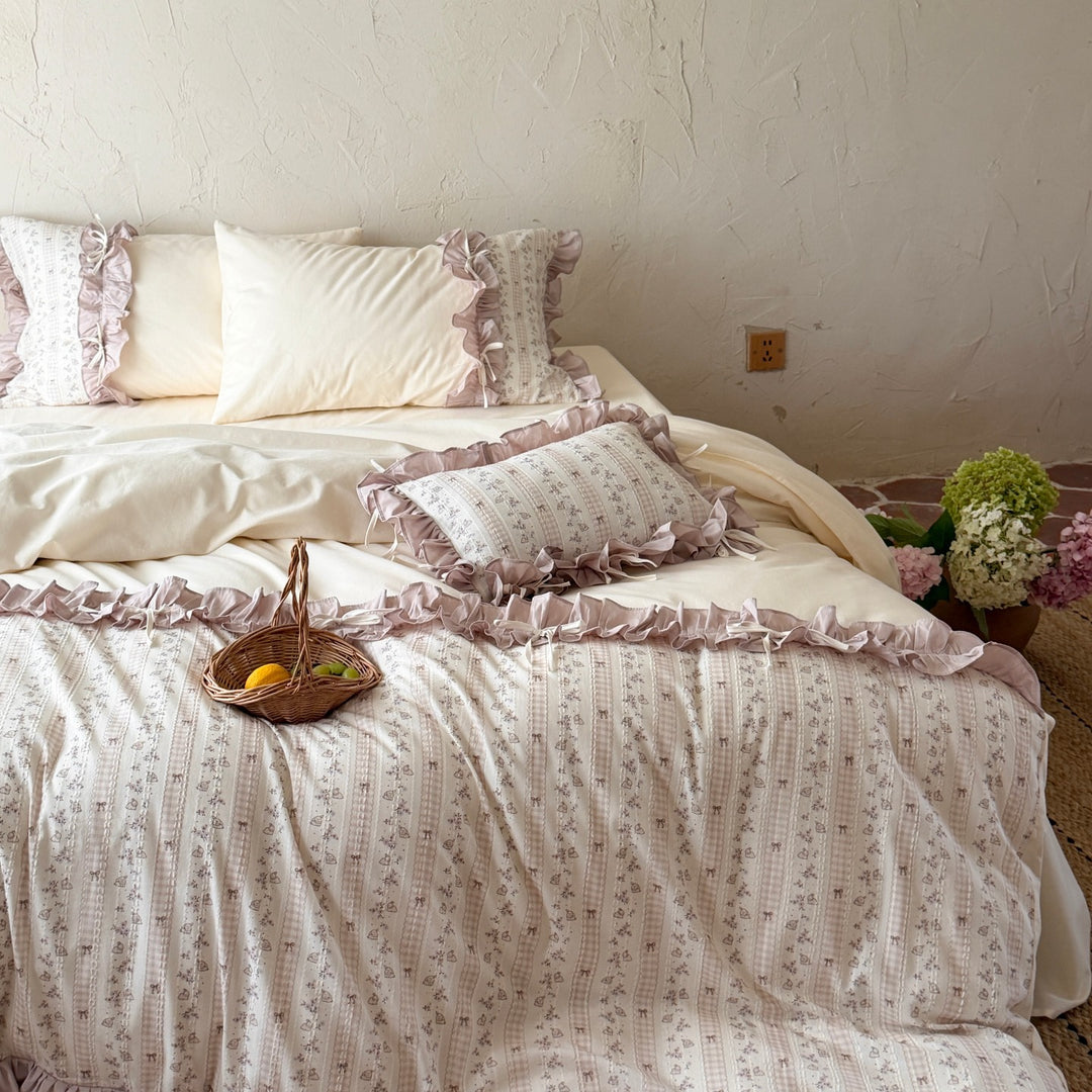 Romantic cotton percale bedding set with ruffled border and fine floral stripe