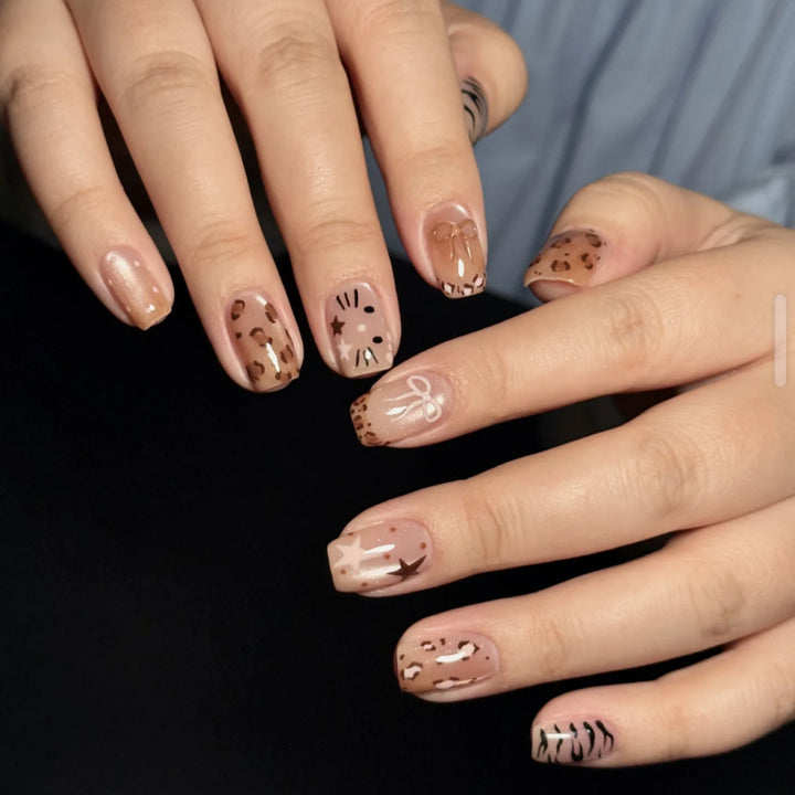 Artistic Press-On Nail Set with Bow and Gemstone Detail Kalsten