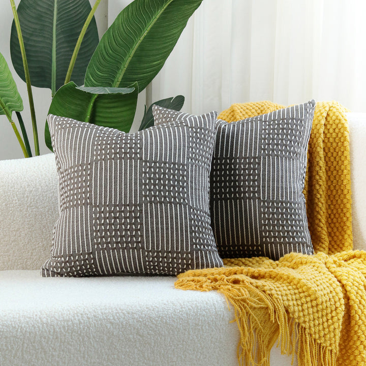 Decorative Square Textured Woven Geometric Throw Pillow Covers Set with Tufted Linear Appliqué