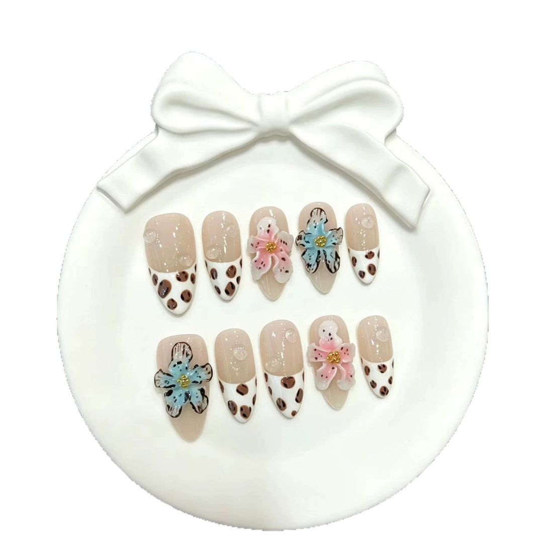 Artistic Press-On Nail Set with Floral and Animal Accents