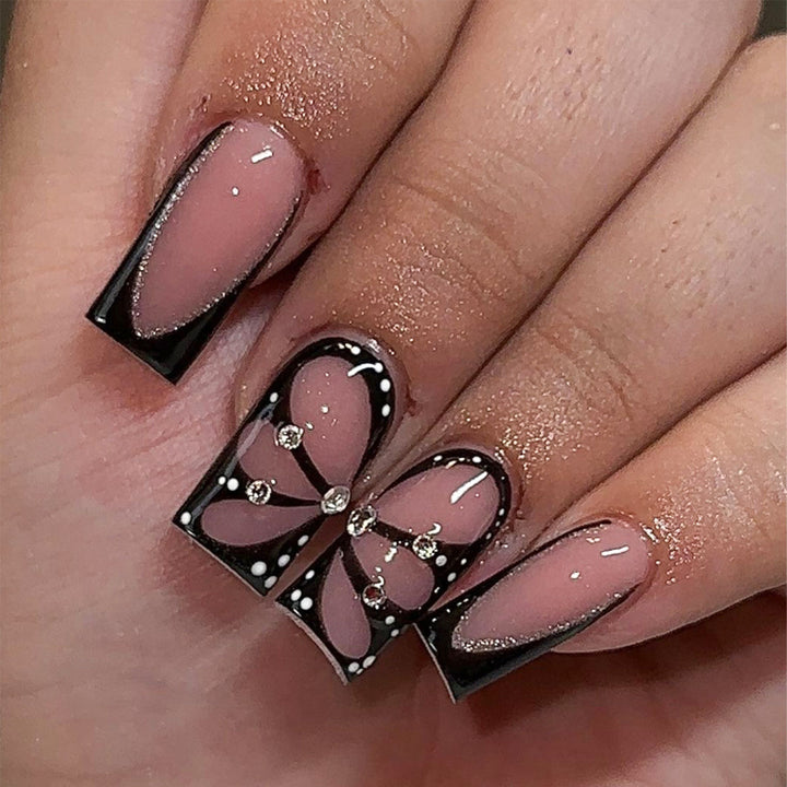 Artistic Press-On Nails with Rhinestone Accents
