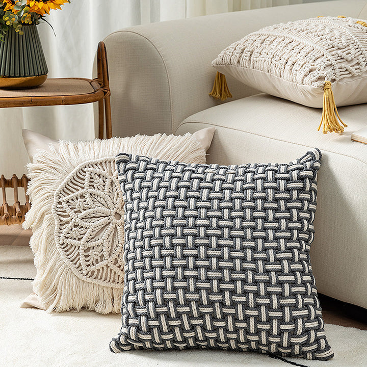 Macrame-Decorative pillow with tassels and hand-knotted Boho structure
