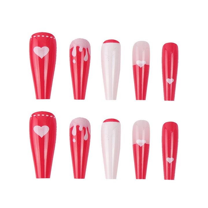 Artistic Long Stiletto Press-On Nails with Heart and Drip Design Kalsten