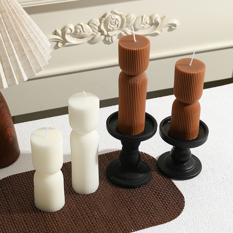 Ribbed Sculptural Double-Stack Pillar Candle Set