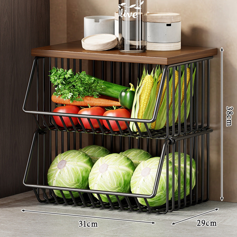 Multi-Tier Rolling Kitchen Fruit and Vegetable Storage Cart with Wood Top