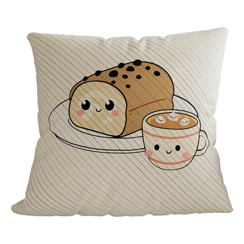 Cotton-Linen Kawaii Breakfast Bread and Coffee Illustrated Decorative Throw Pillow Cover