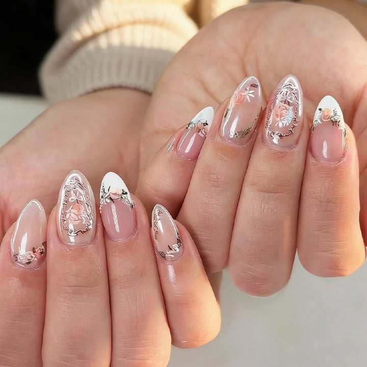 Acrylic nail set with elegant floral and glitter motifs Kalsten