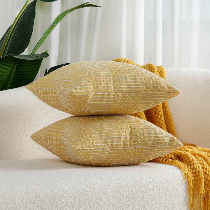 Decorative Square Textured Woven Geometric Throw Pillow Covers Set with Tufted Linear Appliqué