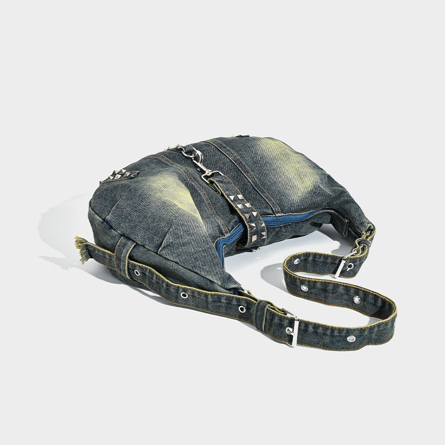 Distressed Denim Hobo Bag with Studded Accents