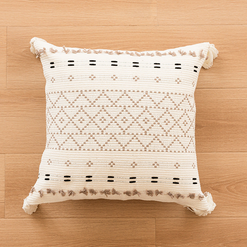 Decorative Tufted Concentric Circle Cotton Throw Pillow Cover with Corner Tassels and Hidden Zipper