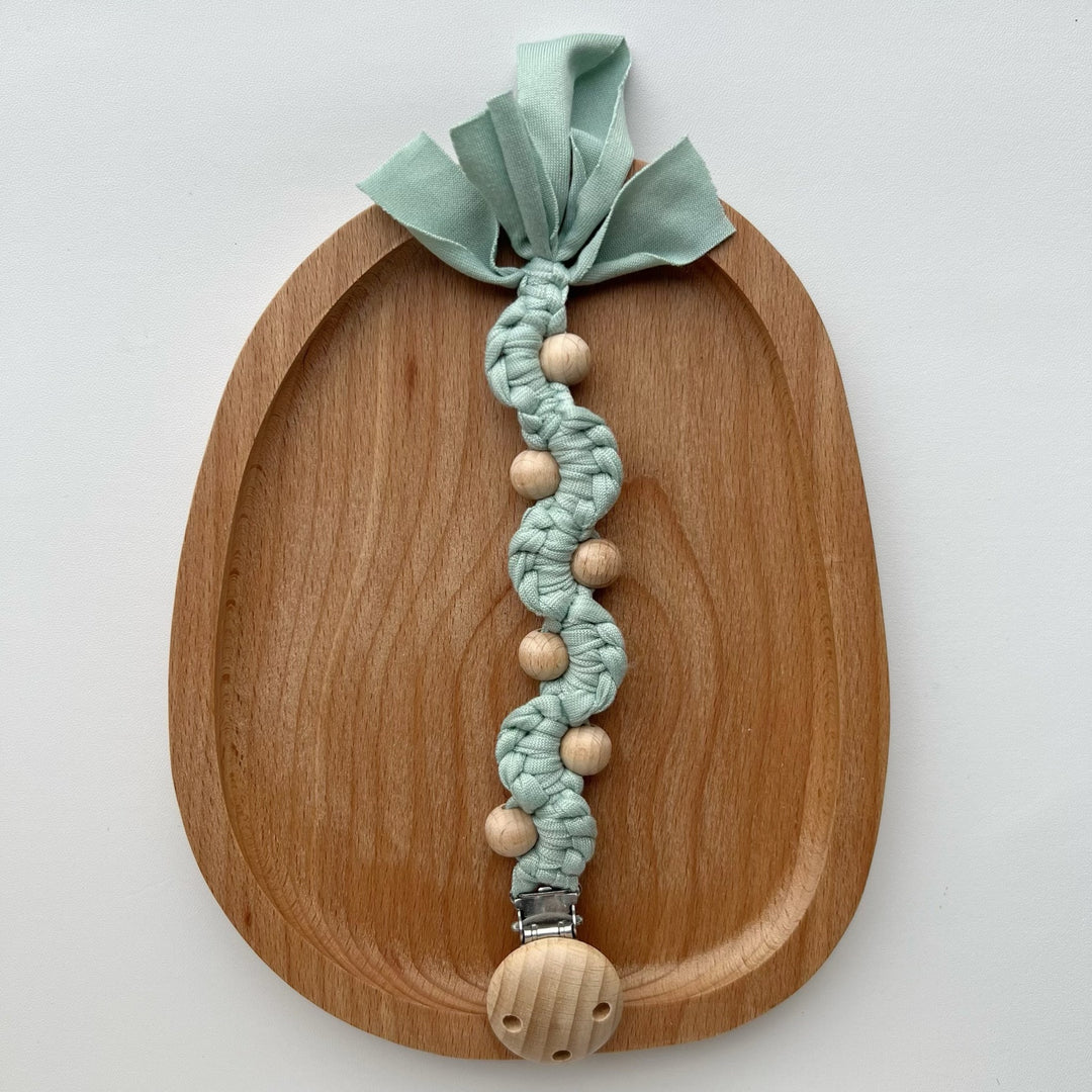 Macrame Boho Wooden-Bead Pacifier Holder Clip with Metal Safety Clamp