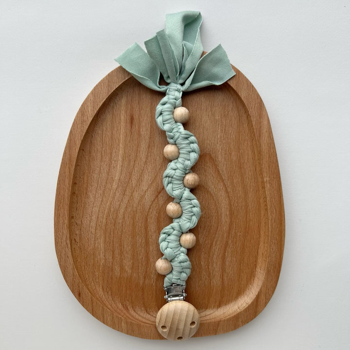 Macrame Boho Wooden-Bead Pacifier Holder Clip with Metal Safety Clamp