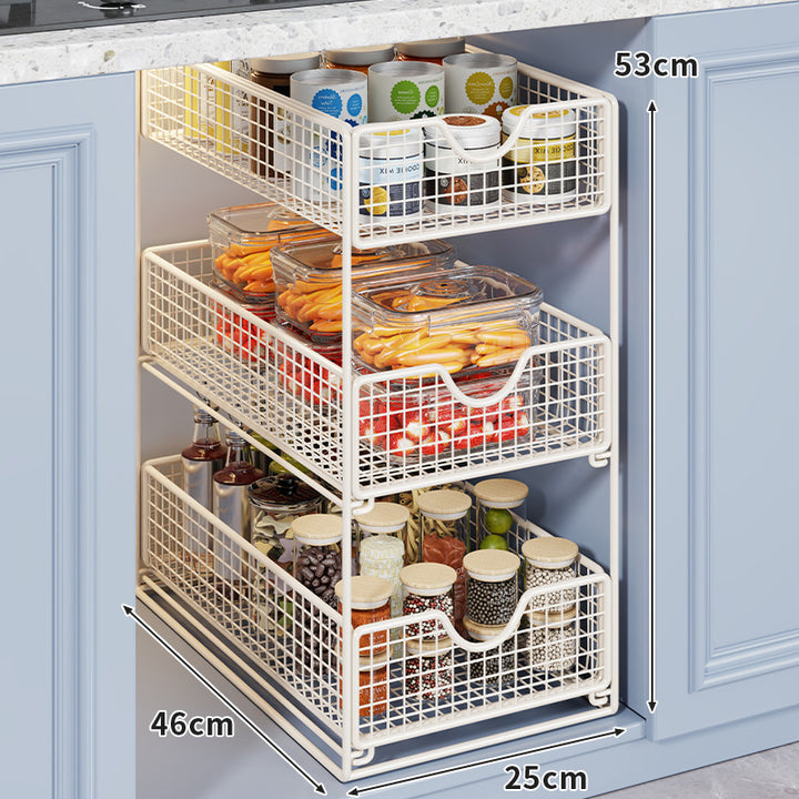 Two-Tier Metal Wire Pantry Basket Organizer with Slide-Out Drawers
